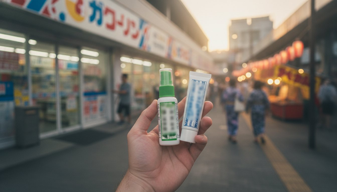 Traveler holding insect repellent and after-bite medicine before a summer festival