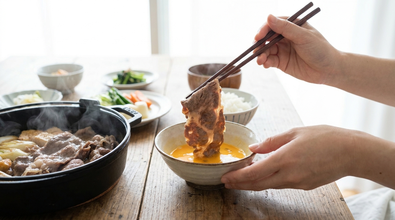 Dipping cooked sukiyaki beef into raw beaten egg
