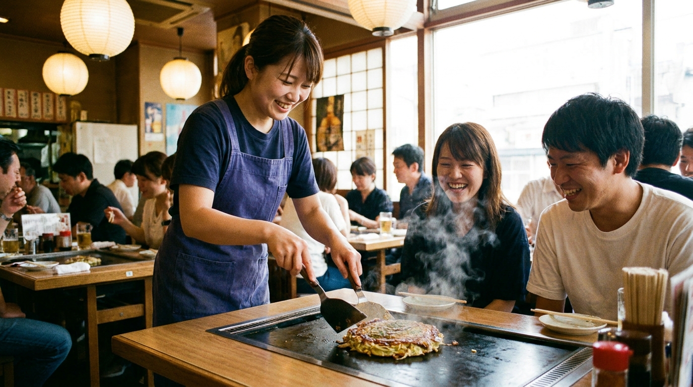 Restaurant staff demonstrating okonomiyaki on a table griddle