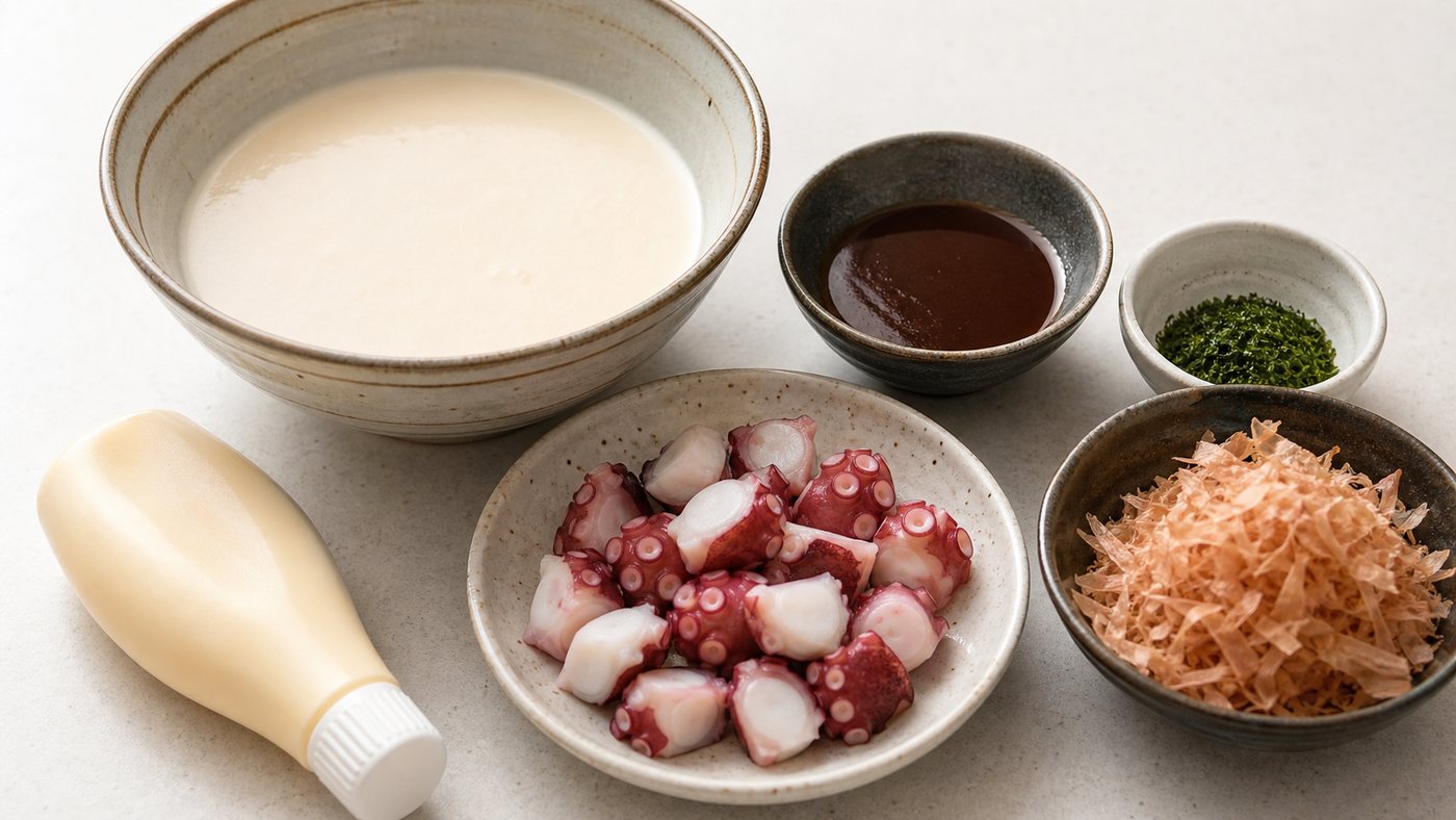 Takoyaki ingredients arranged on a counter