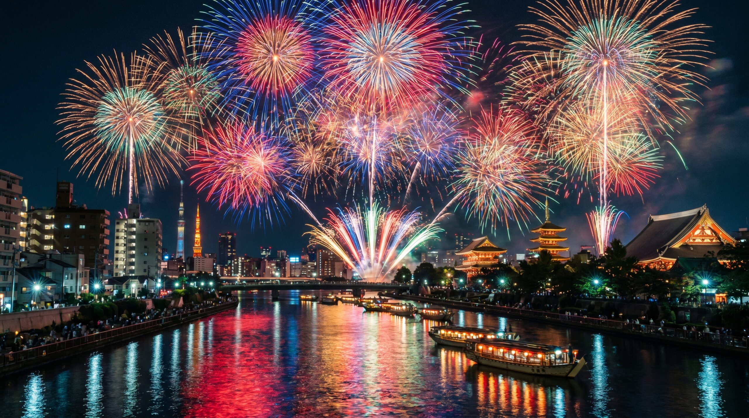 Fireworks above a Japanese city skyline and river