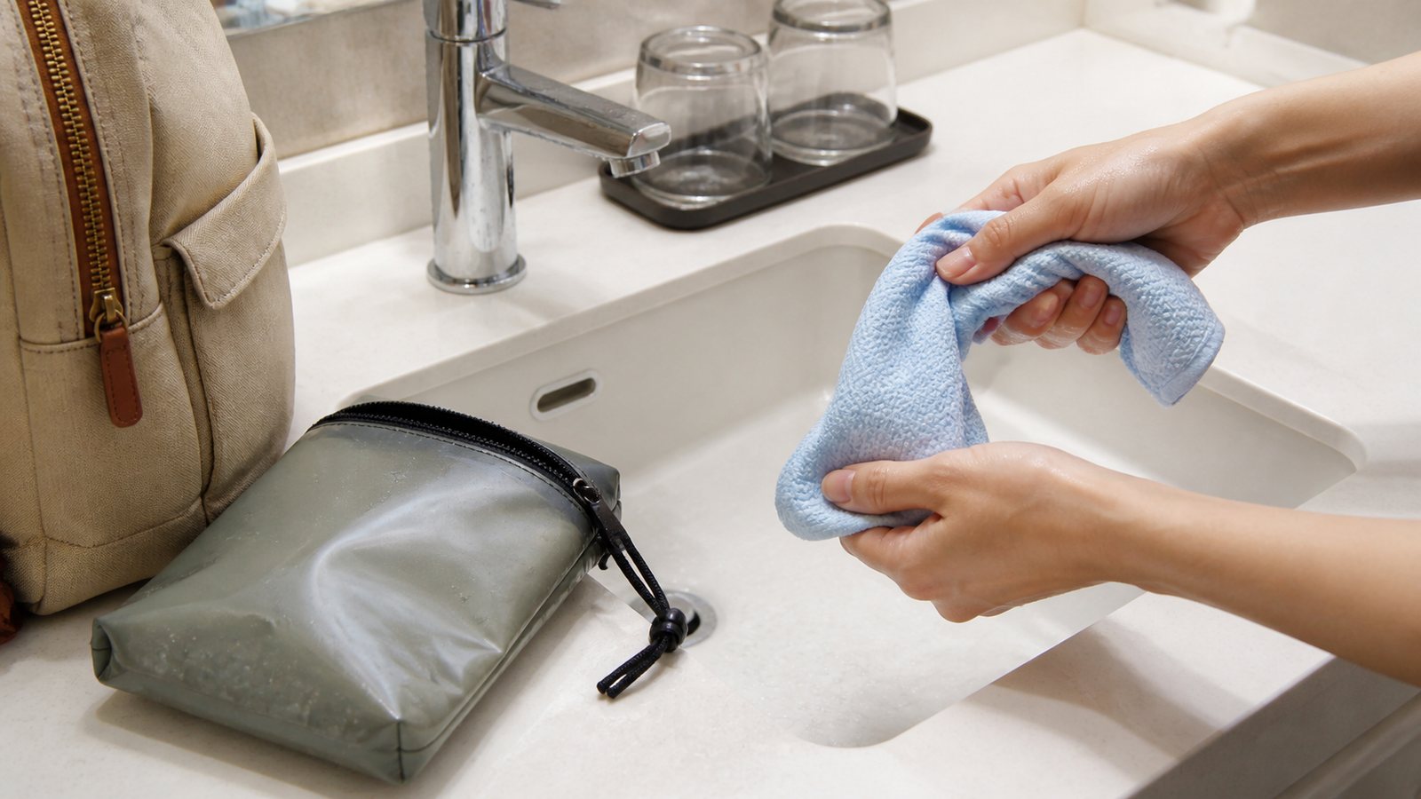 Wet cooling towel and pouch prepared near a sink