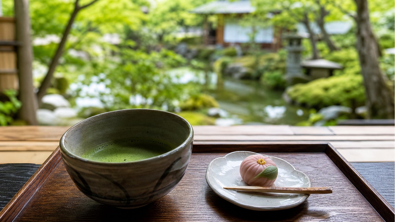 Matcha and wagashi beside a traditional garden teahouse in Tokyo