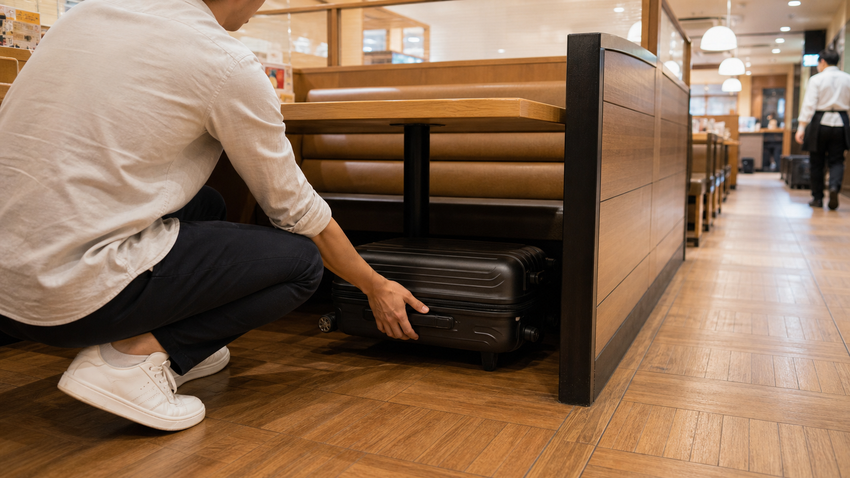 Traveler placing a carry-on suitcase neatly under a family restaurant table, clear aisle visible