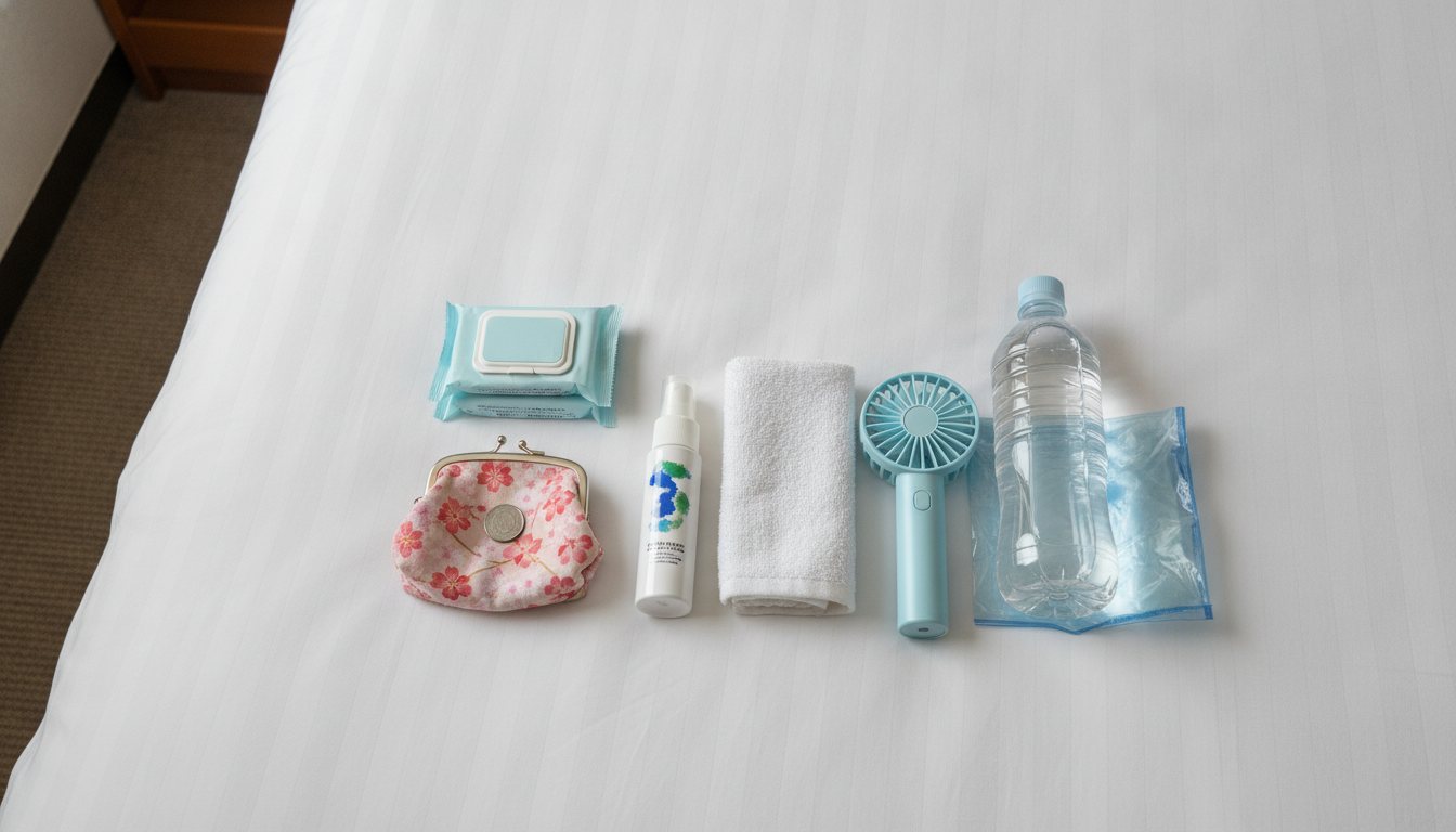 Matsuri bag essentials with mosquito repellent, after-bite medicine, towel, fan, and water