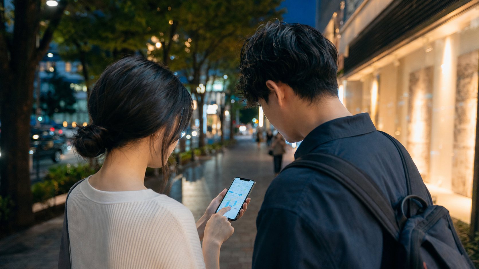 Travelers checking a phone and choosing a Plan B near Aoyama.