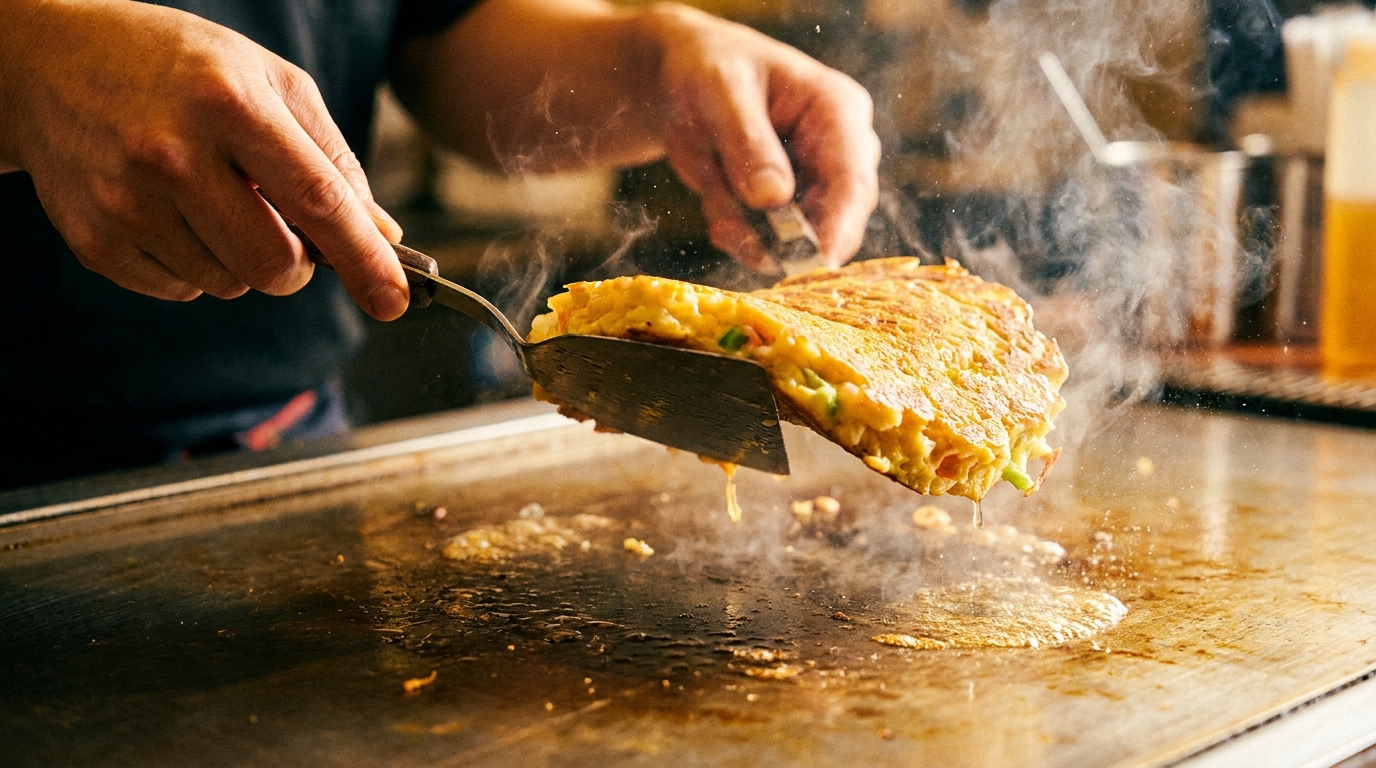 Flipping a thick okonomiyaki with a metal spatula
