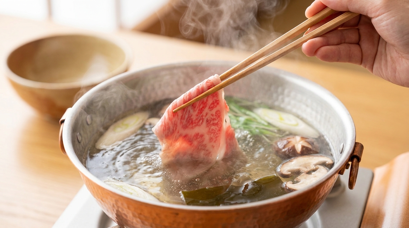 Swishing thin beef in clear shabu-shabu broth