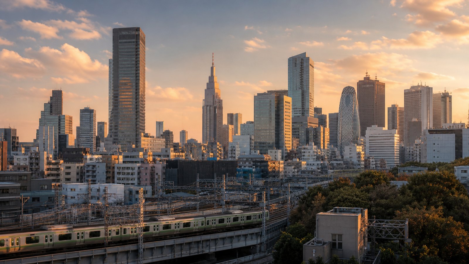Shinjuku and Yoyogi skyline at golden hour with rail lines in the foreground