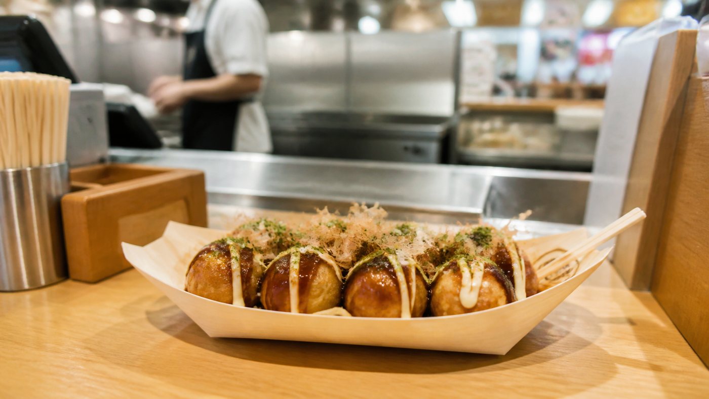 Takoyaki tray at a casual food court counter