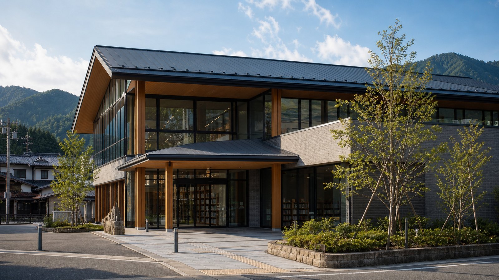 Quiet Hida-style civic library exterior in a mountain town