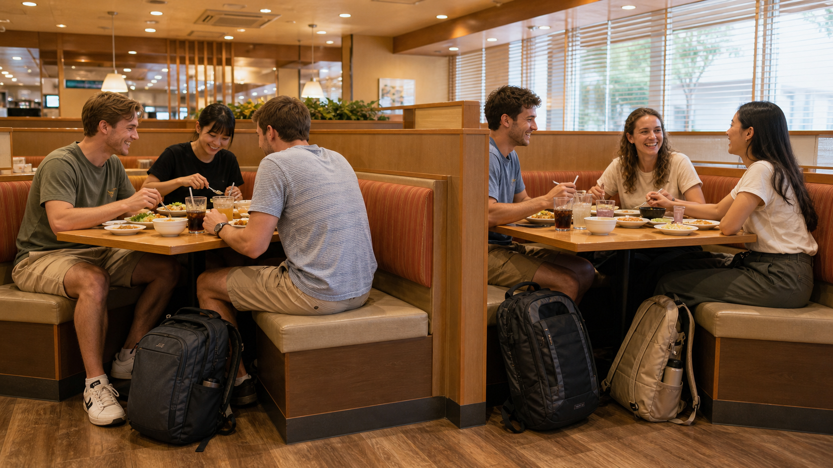 Group of travelers at two adjacent family restaurant tables with bags tucked away, no brand signs