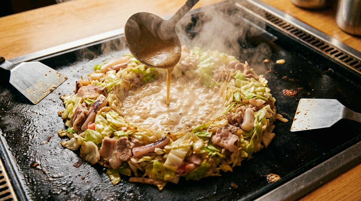 Monjayaki dote ring with batter poured into the center