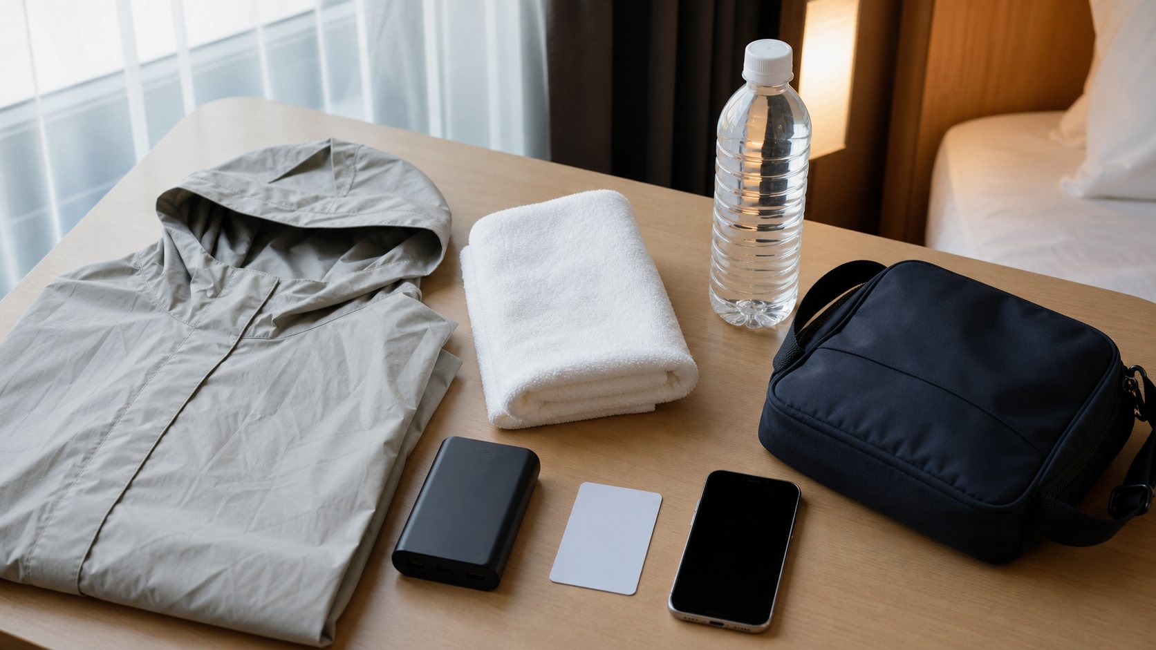 Rain plan items on a hotel table before a summer fireworks night.