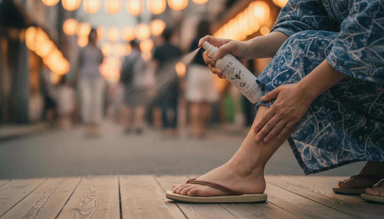 Traveler applying mosquito repellent away from a crowded summer festival area