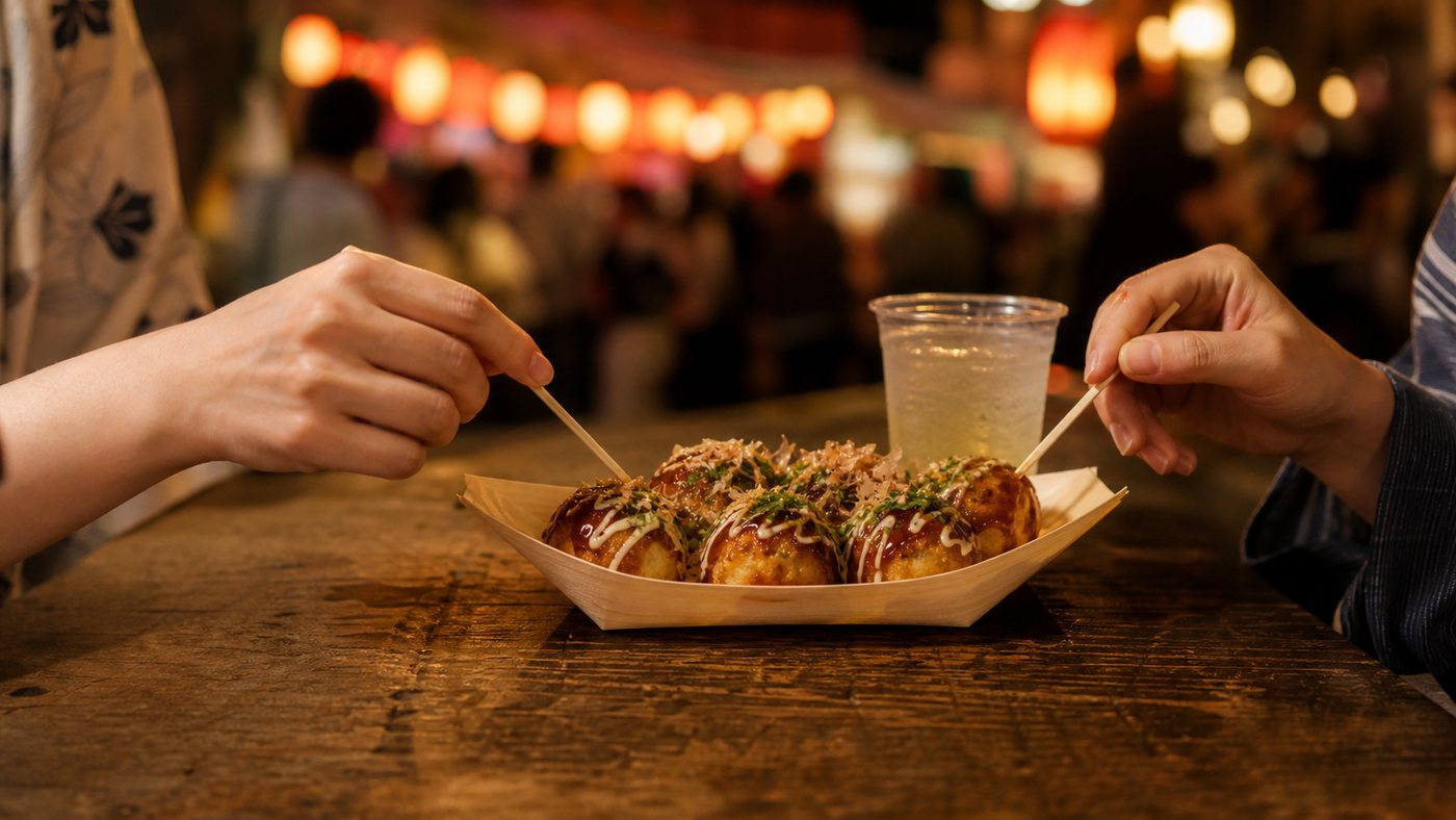 Shared tray of takoyaki between two travelers