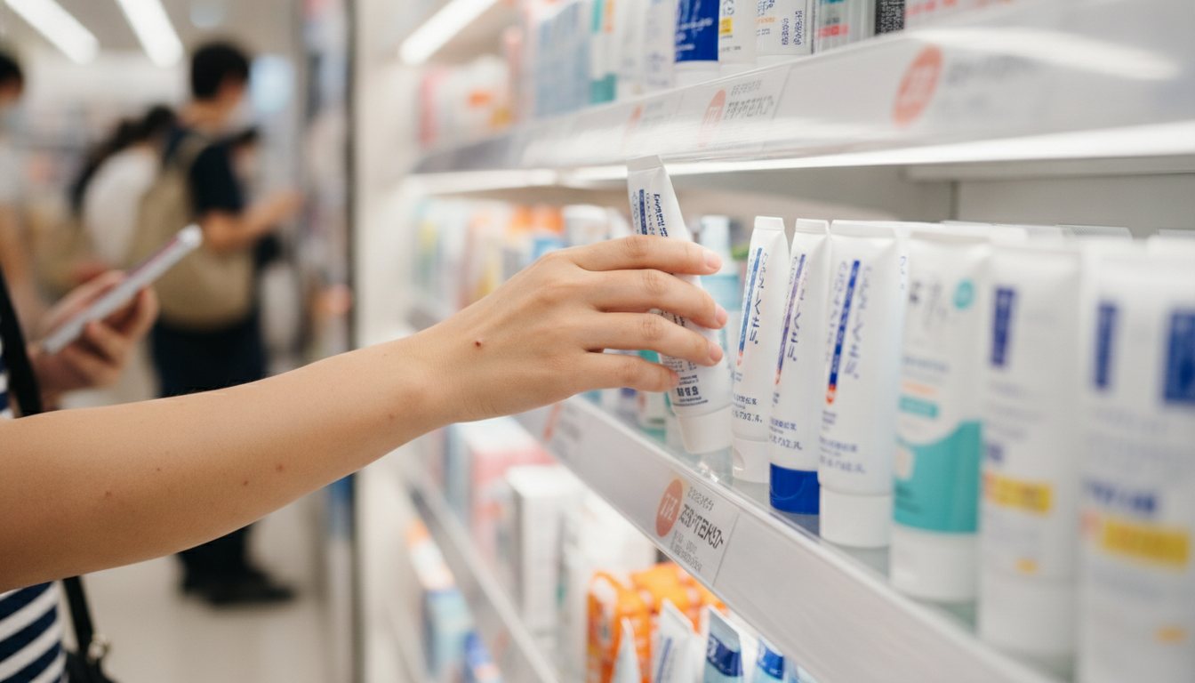 Traveler choosing after-bite anti-itch medicine at a Japanese drugstore