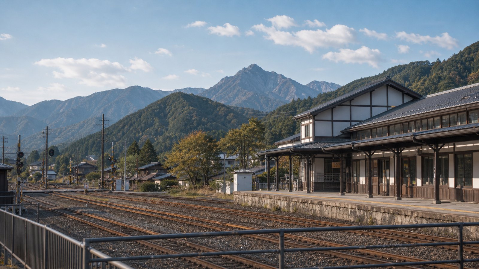 Rural Hida train station exterior with tracks and mountains in the distance