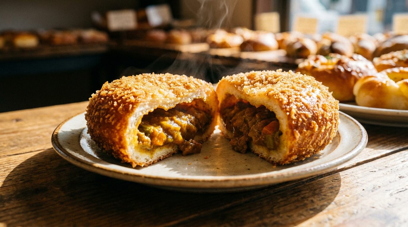 Japanese curry bread kare pan cut in half