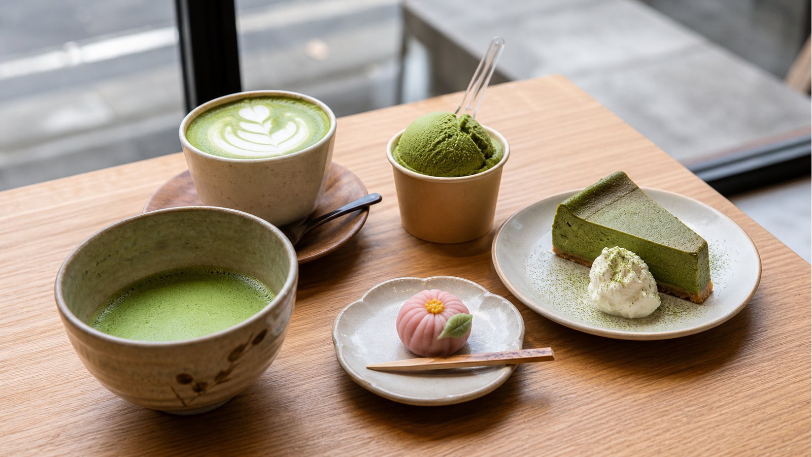 Matcha bowl, latte, gelato, cake, and wagashi on a Tokyo cafe table