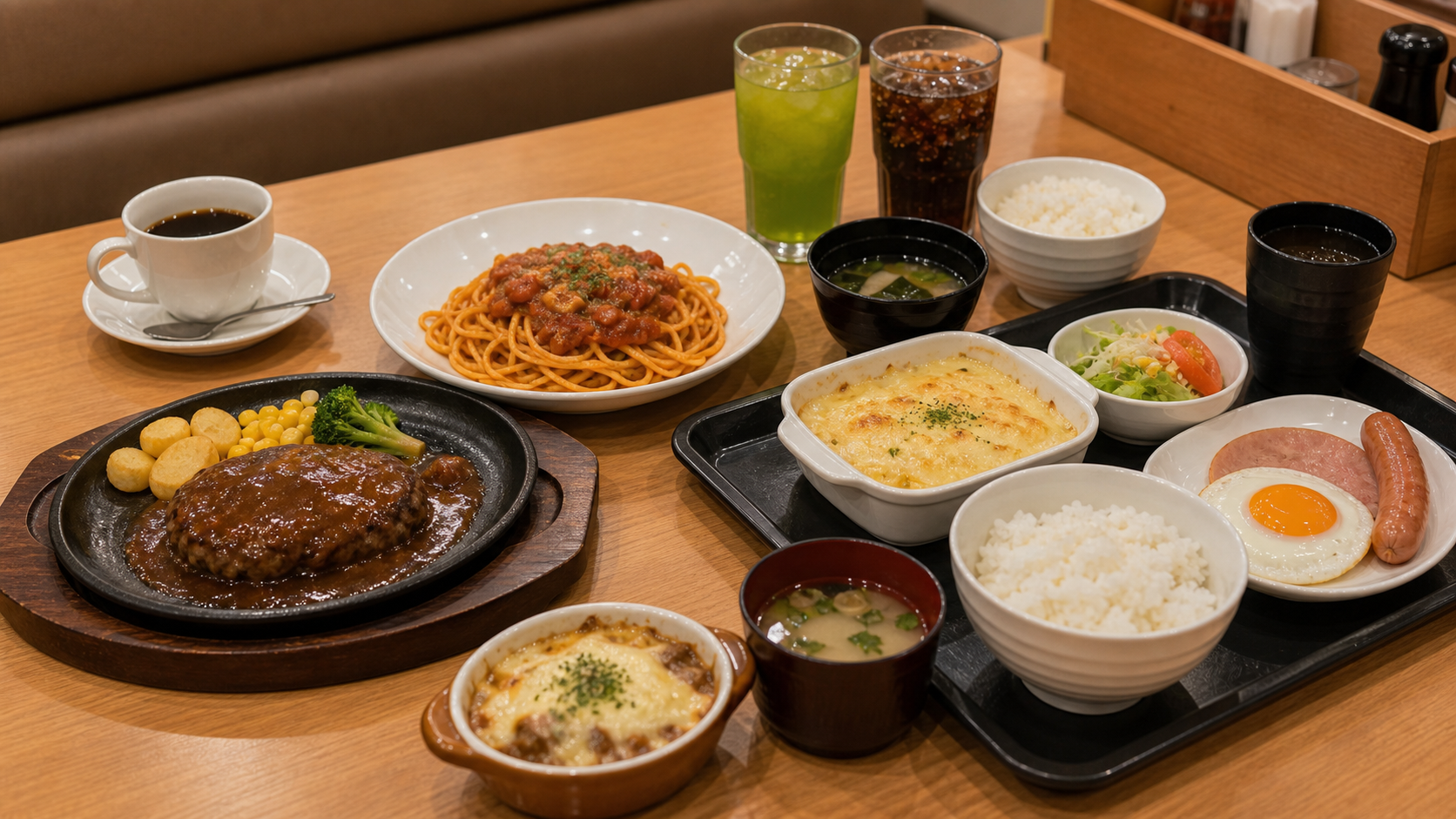 Collage-style family restaurant table with hamburger steak, pasta, breakfast tray, drink bar cup, no logos