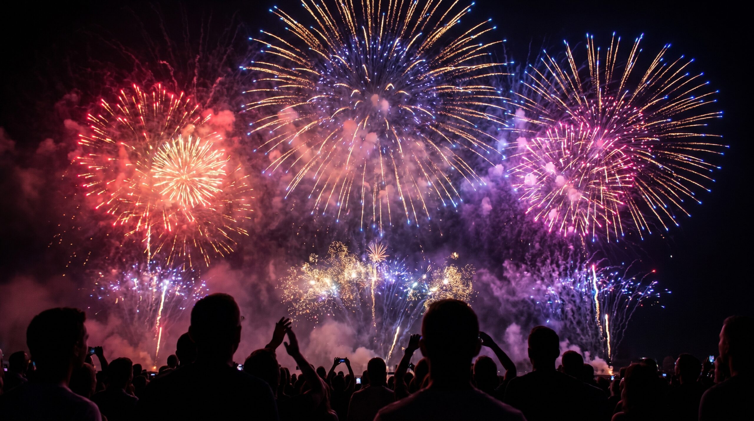 Fireworks overhead with a crowd watching from below