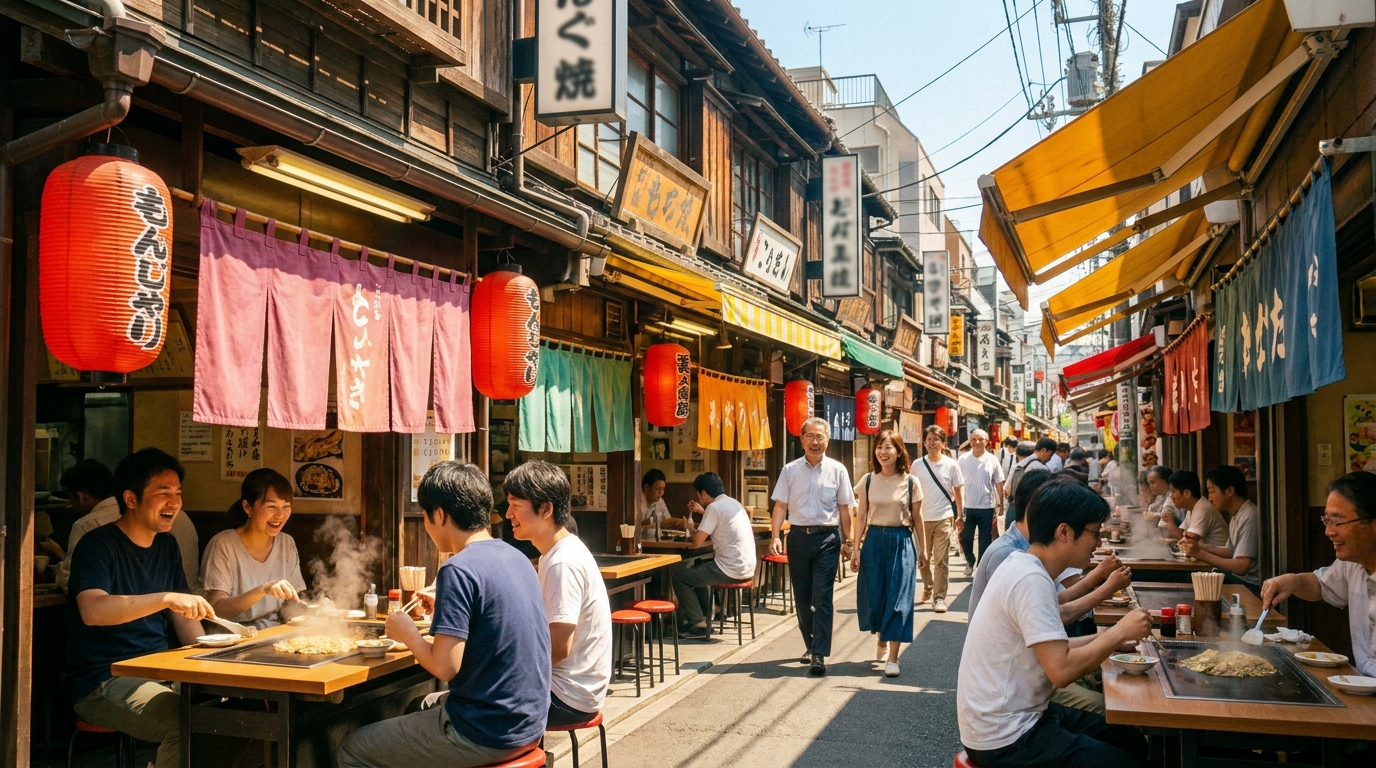 Tsukishima monja street lined with shops under a sunny sky