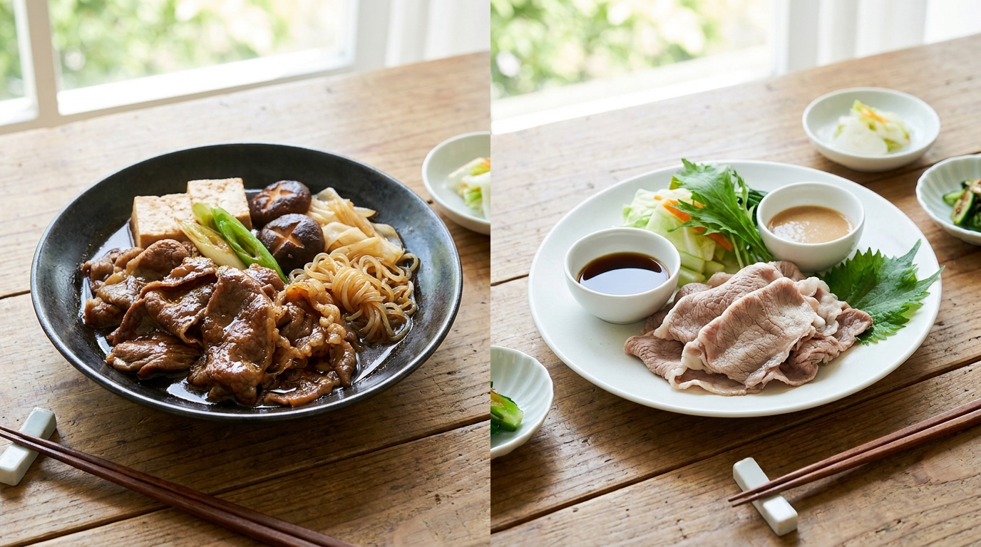 Sukiyaki and shabu-shabu dishes compared