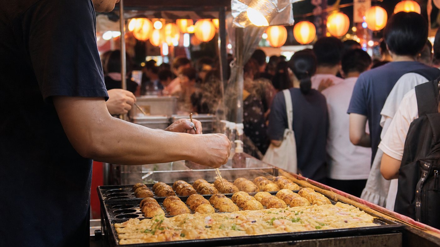 Takoyaki stall cooking at a summer festival