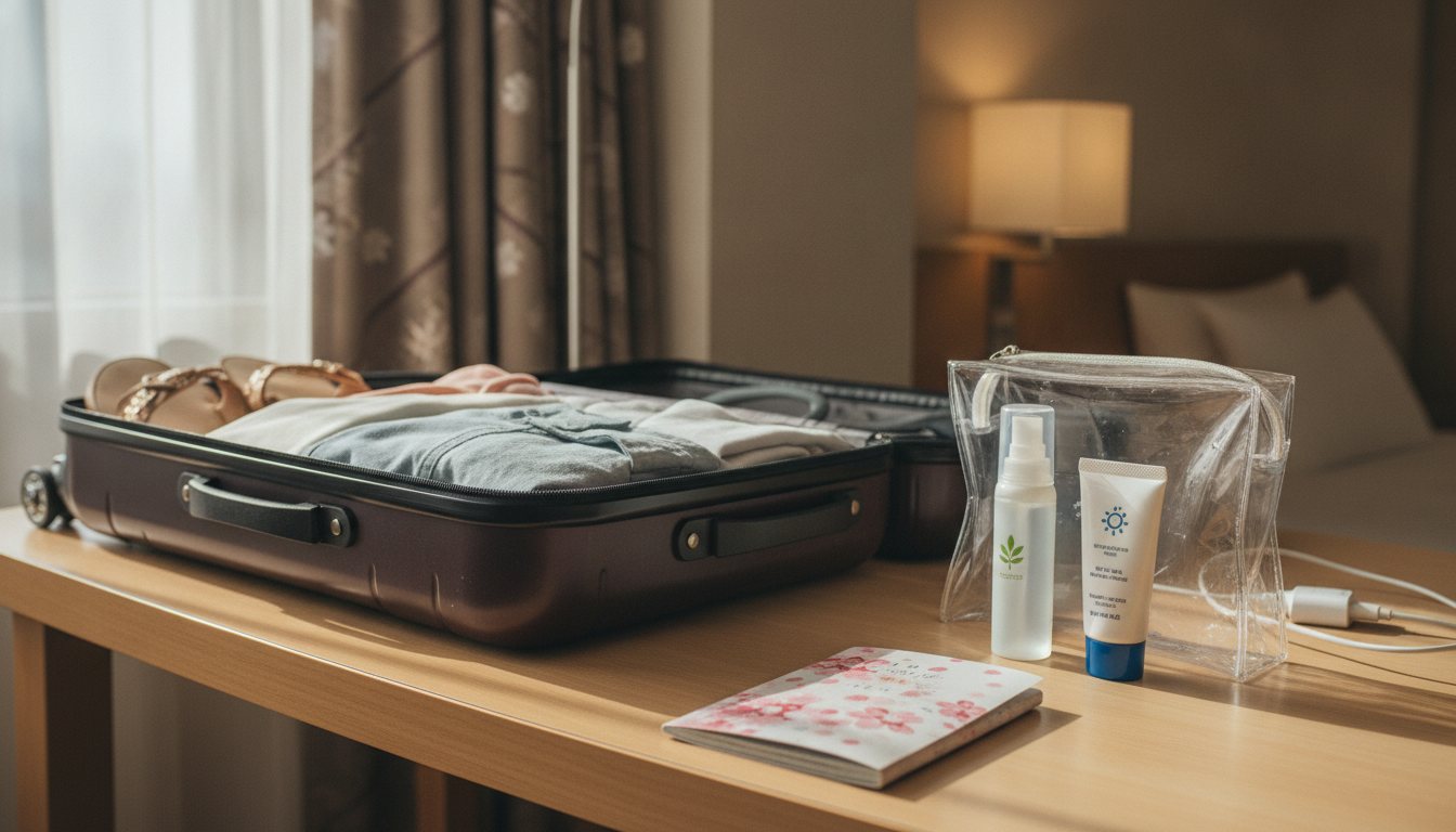 Travel-size mosquito repellent and after-bite medicine packed beside a clear liquids bag