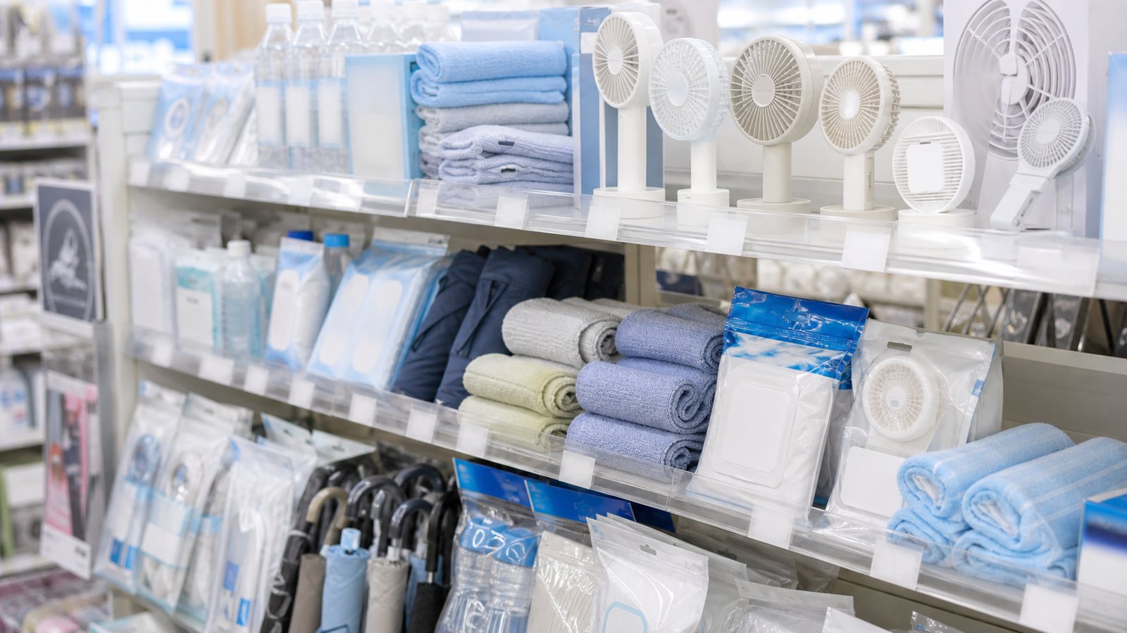 Summer cooling goods shelf in a Japanese retail store