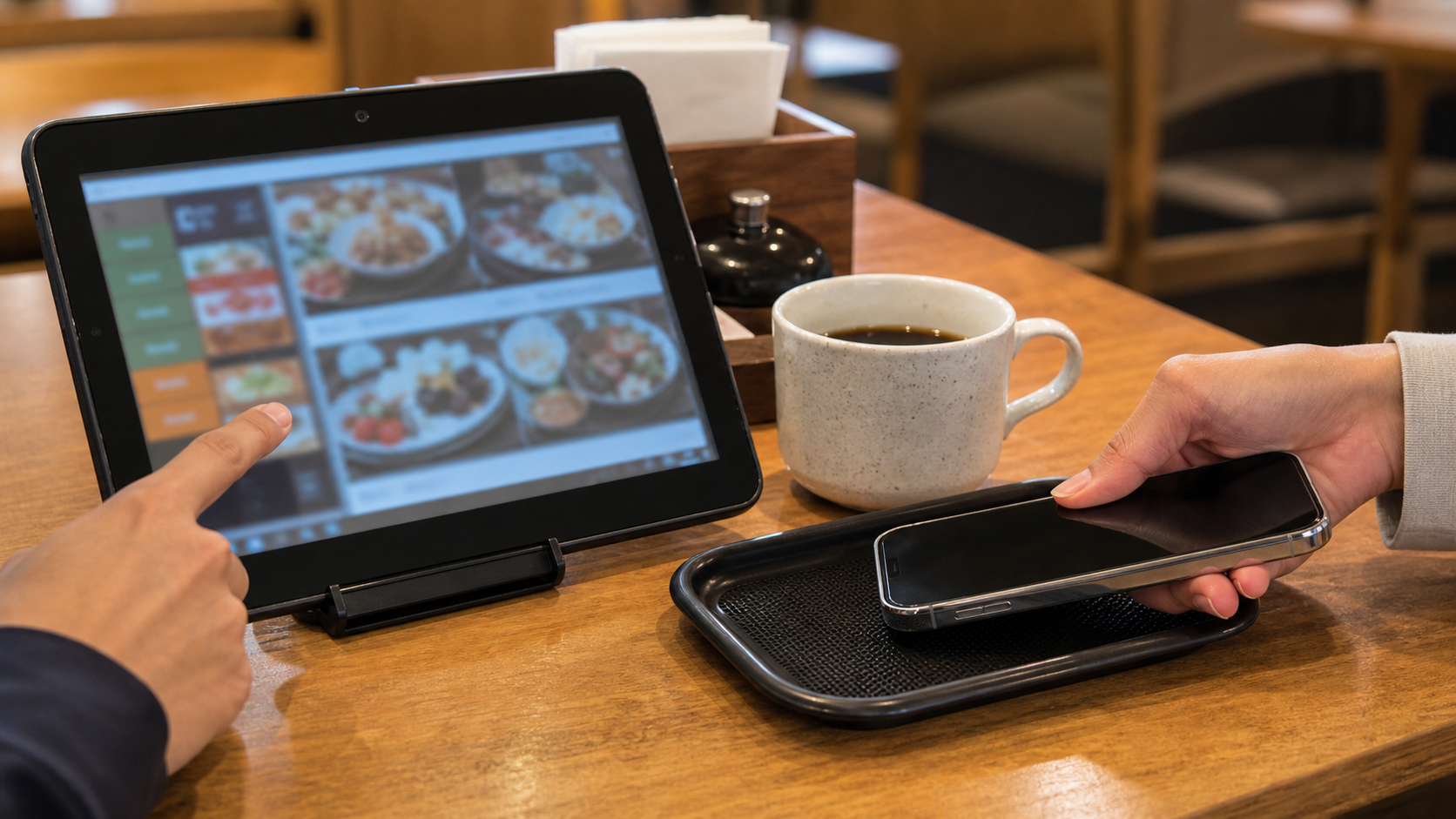 Close-up of table ordering tablet and cashless payment tray in a Japanese family restaurant, no readable UI text