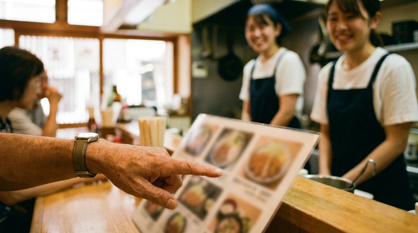 Pointing at a menu while ordering at a teppan restaurant