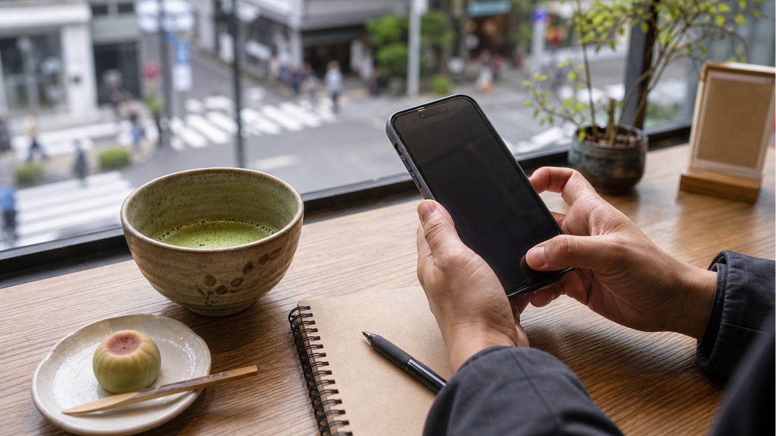 Traveler planning a Tokyo matcha route with smartphone, notebook, and matcha