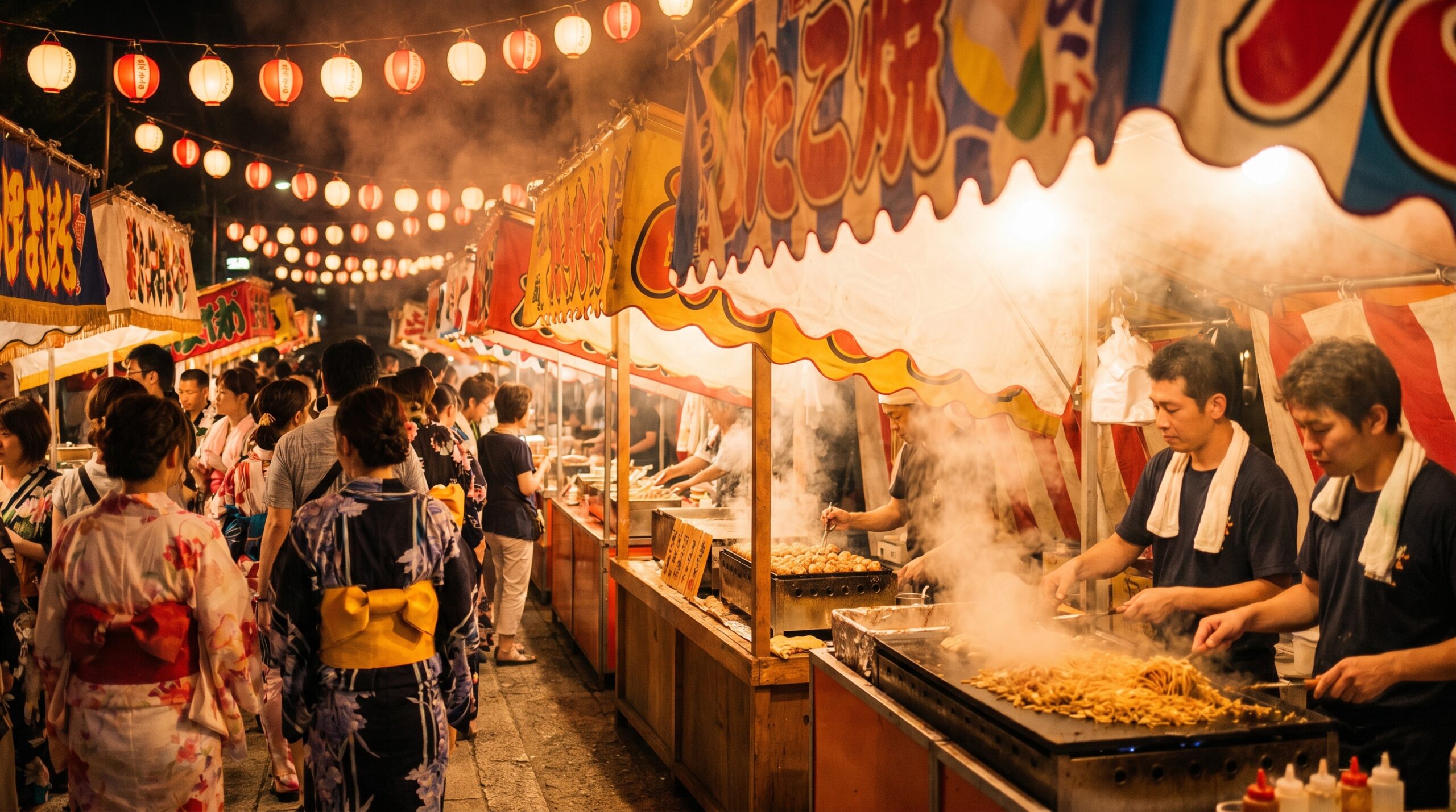 Japanese festival food stalls at night