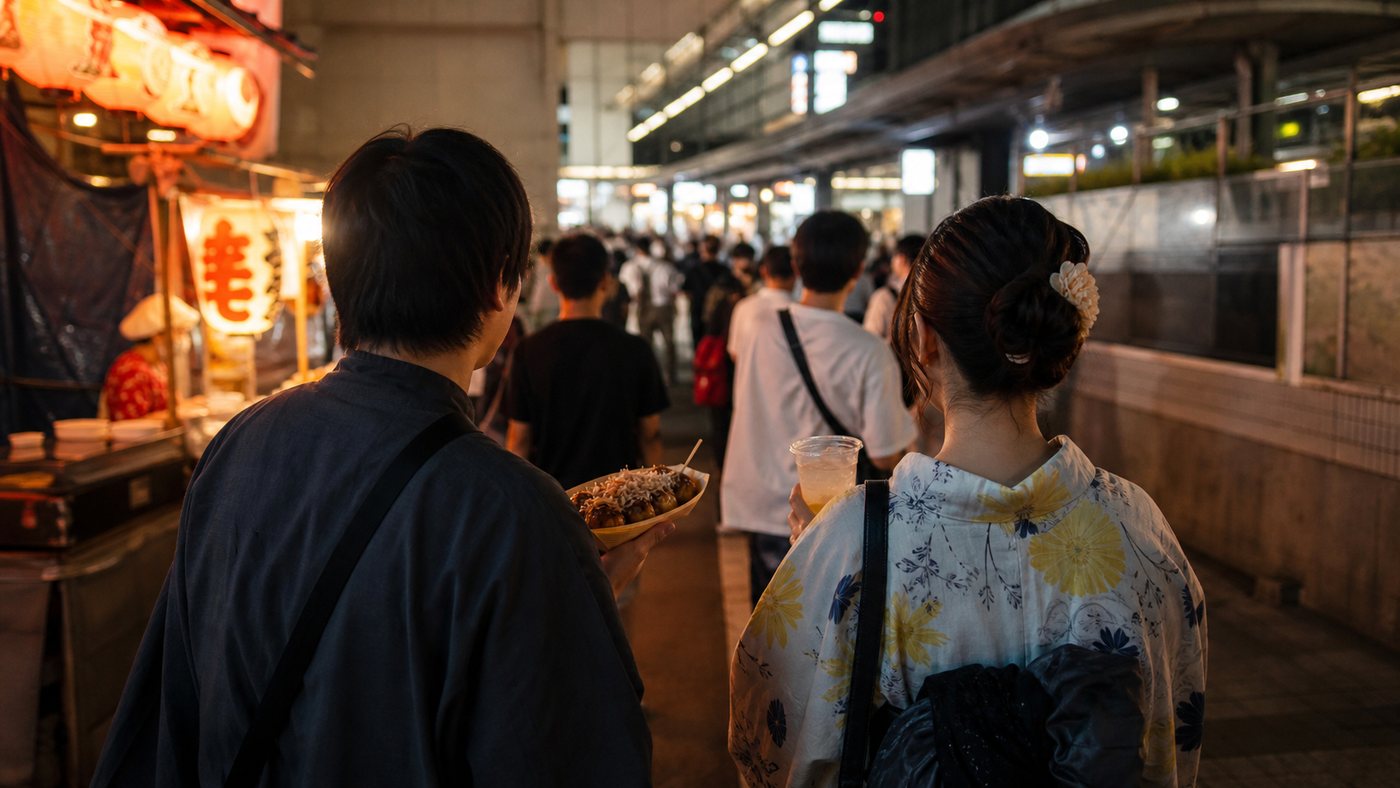 Travelers leaving a festival street while holding takoyaki