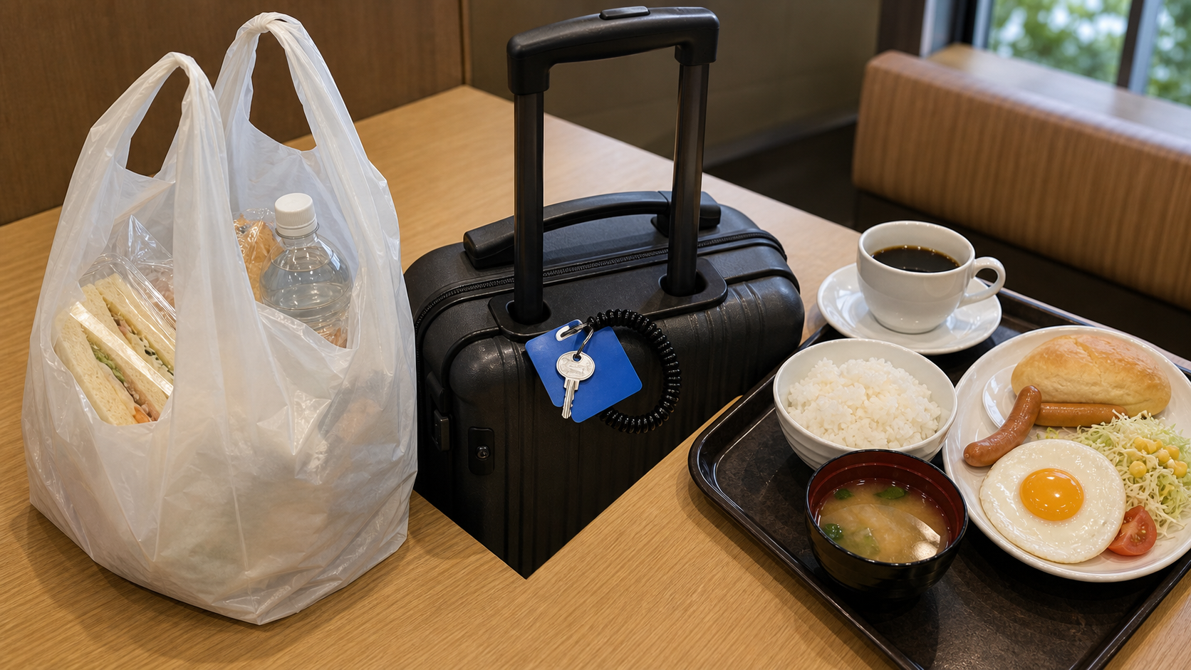 Decision board scene comparing convenience store bag, coin locker key, and family restaurant meal tray, no readable text