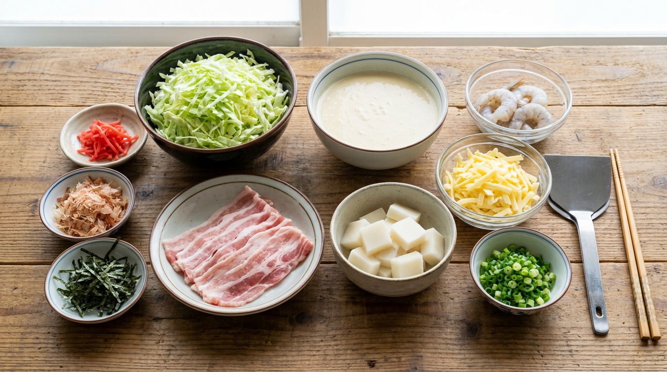Okonomiyaki and monjayaki ingredients arranged in prep bowls