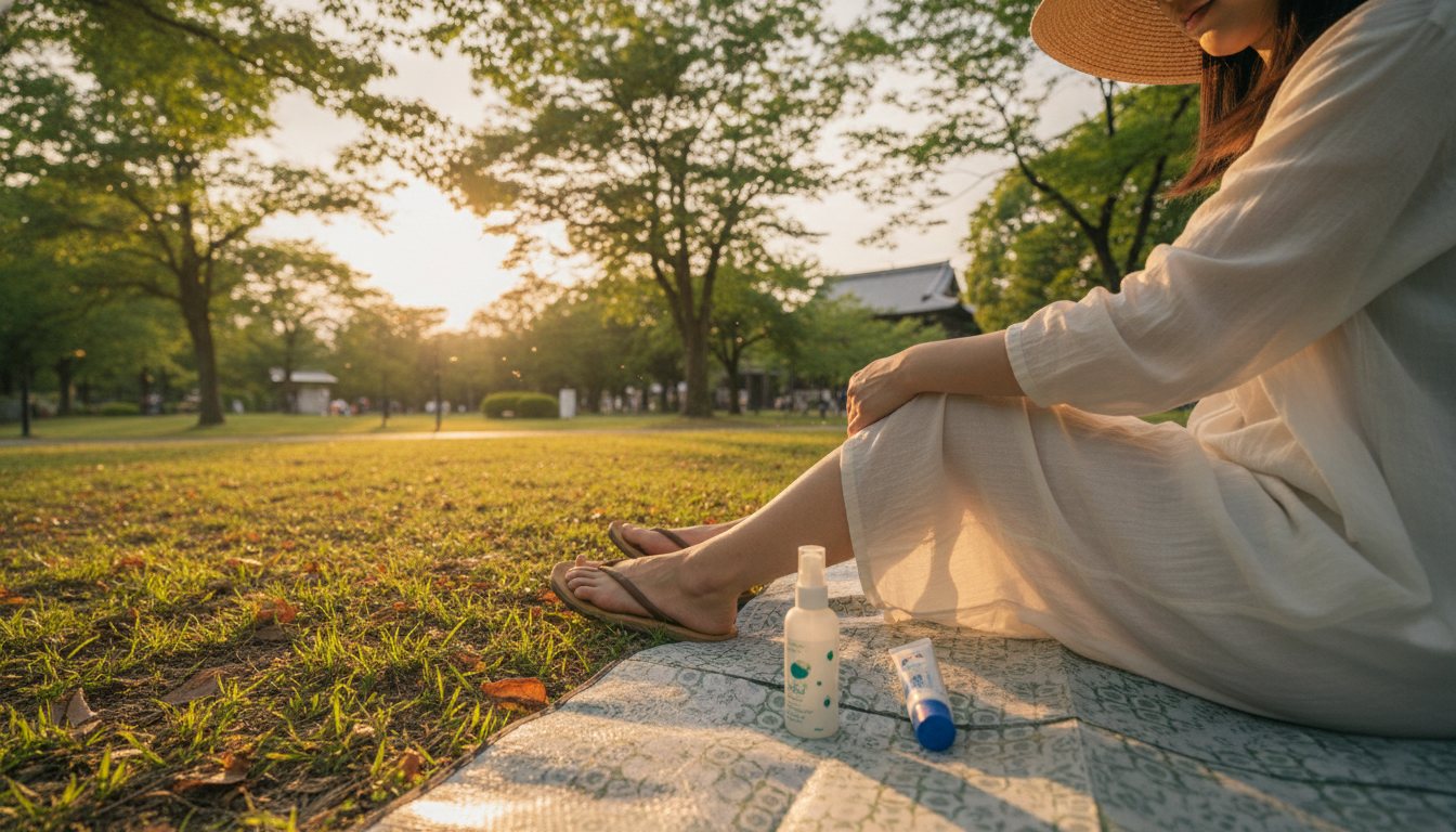 Traveler near grass at dusk with mosquito repellent and after-bite medicine nearby