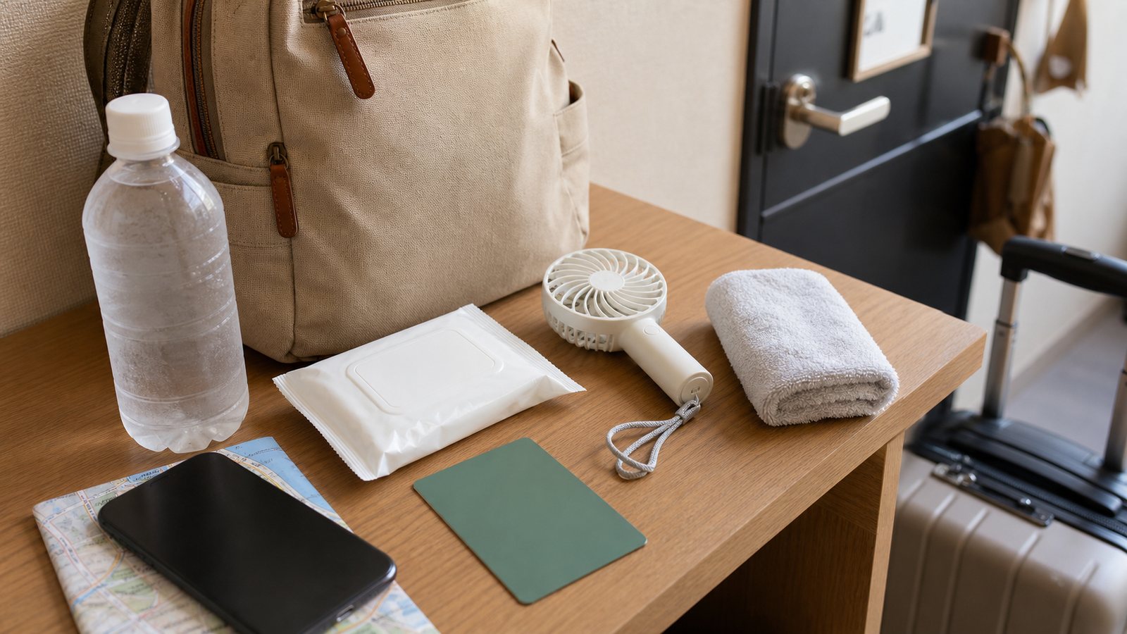 Cooling kit beside a room key for returning to accommodation