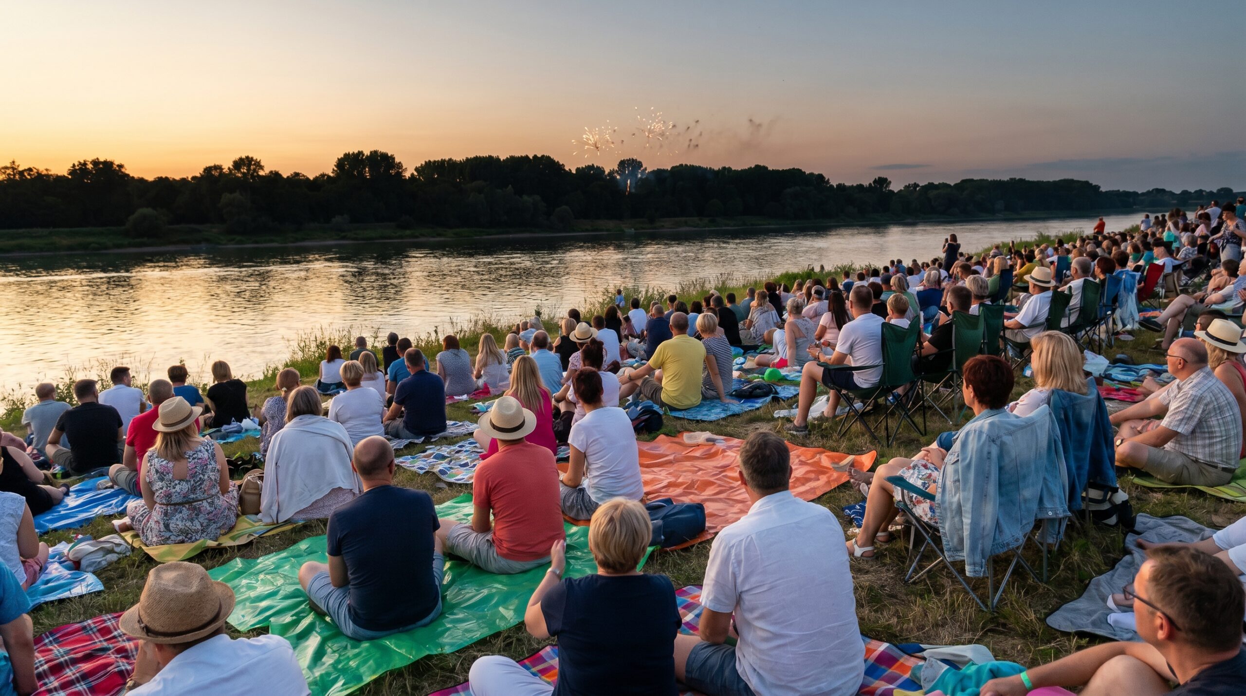 A crowd on a riverbank at dusk waiting for fireworks