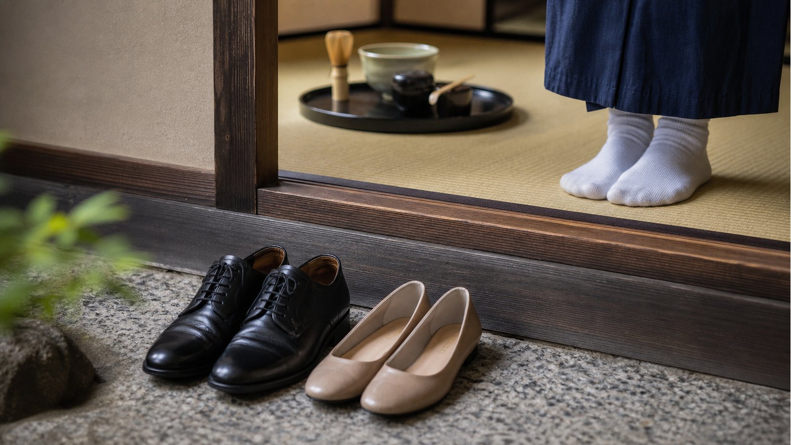 Tea room etiquette detail with shoes at the entrance and matcha tools inside