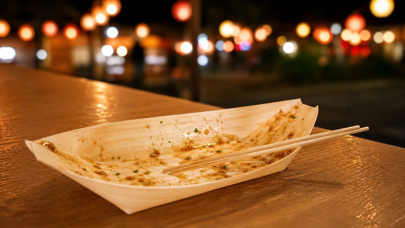 Finished takoyaki tray and picks in a tidy festival setting
