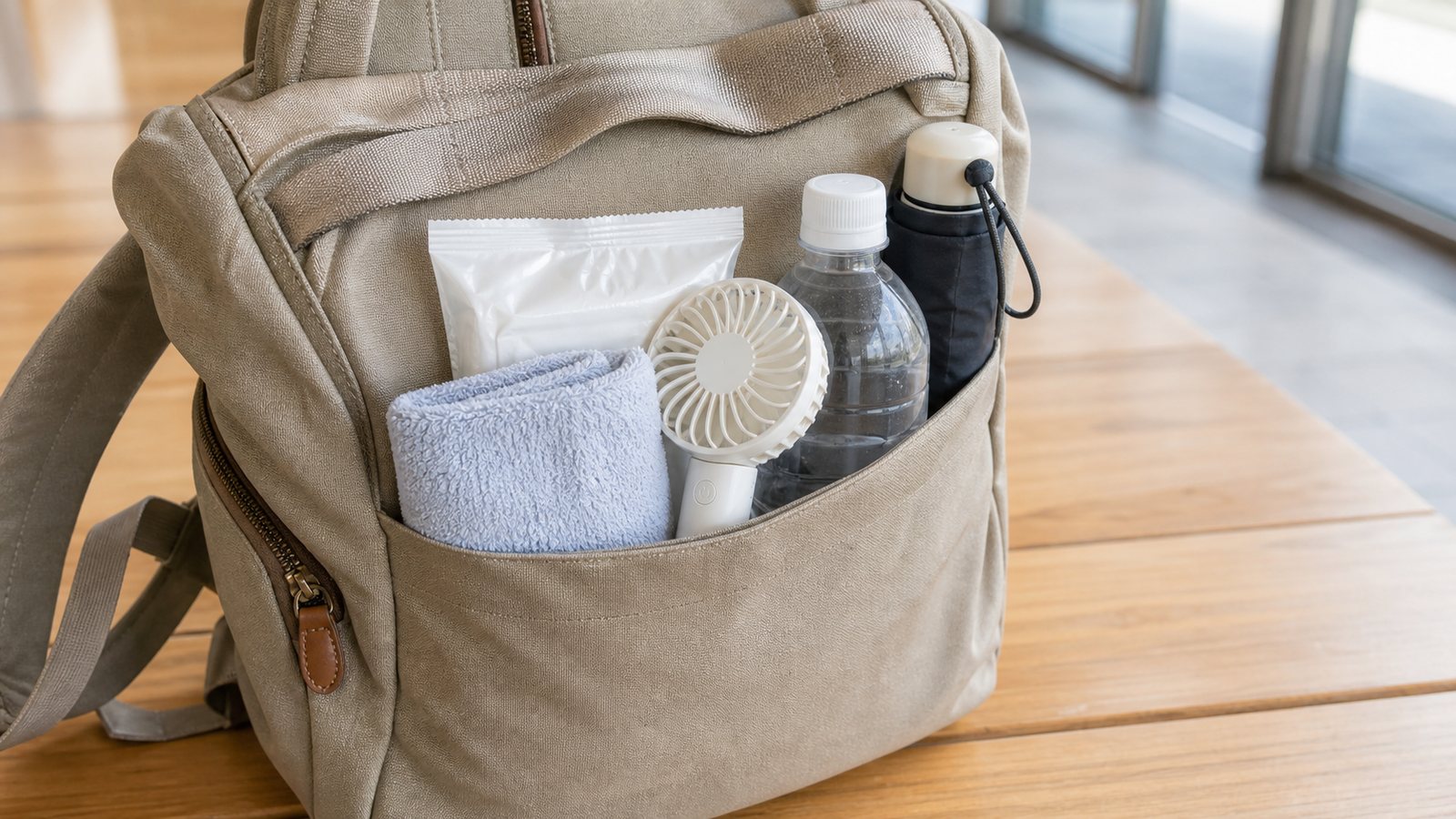 Compact cooling kit packed in a travel day bag pocket