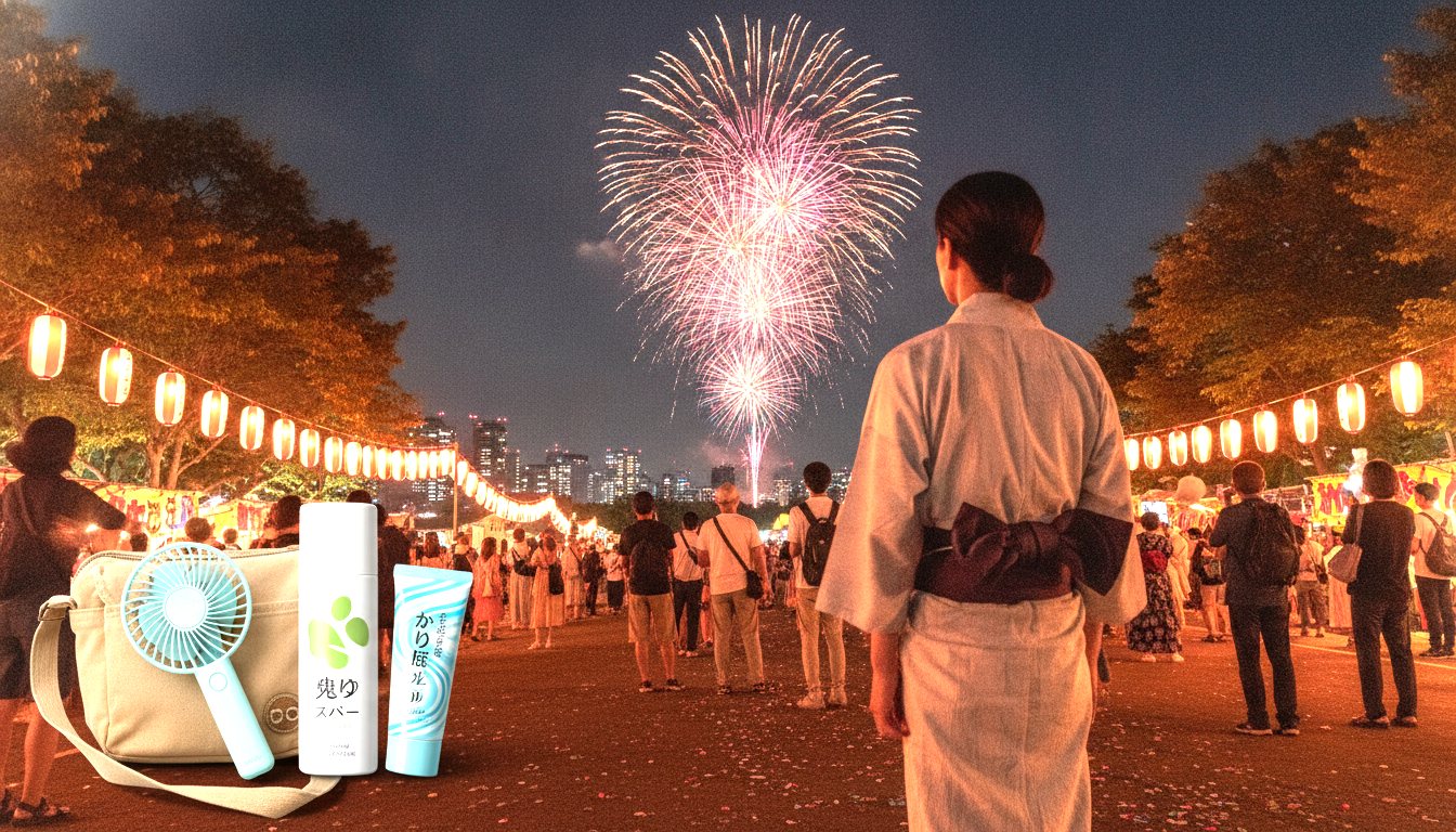 Prepared traveler watching fireworks with mosquito repellent and after-bite medicine in a small bag