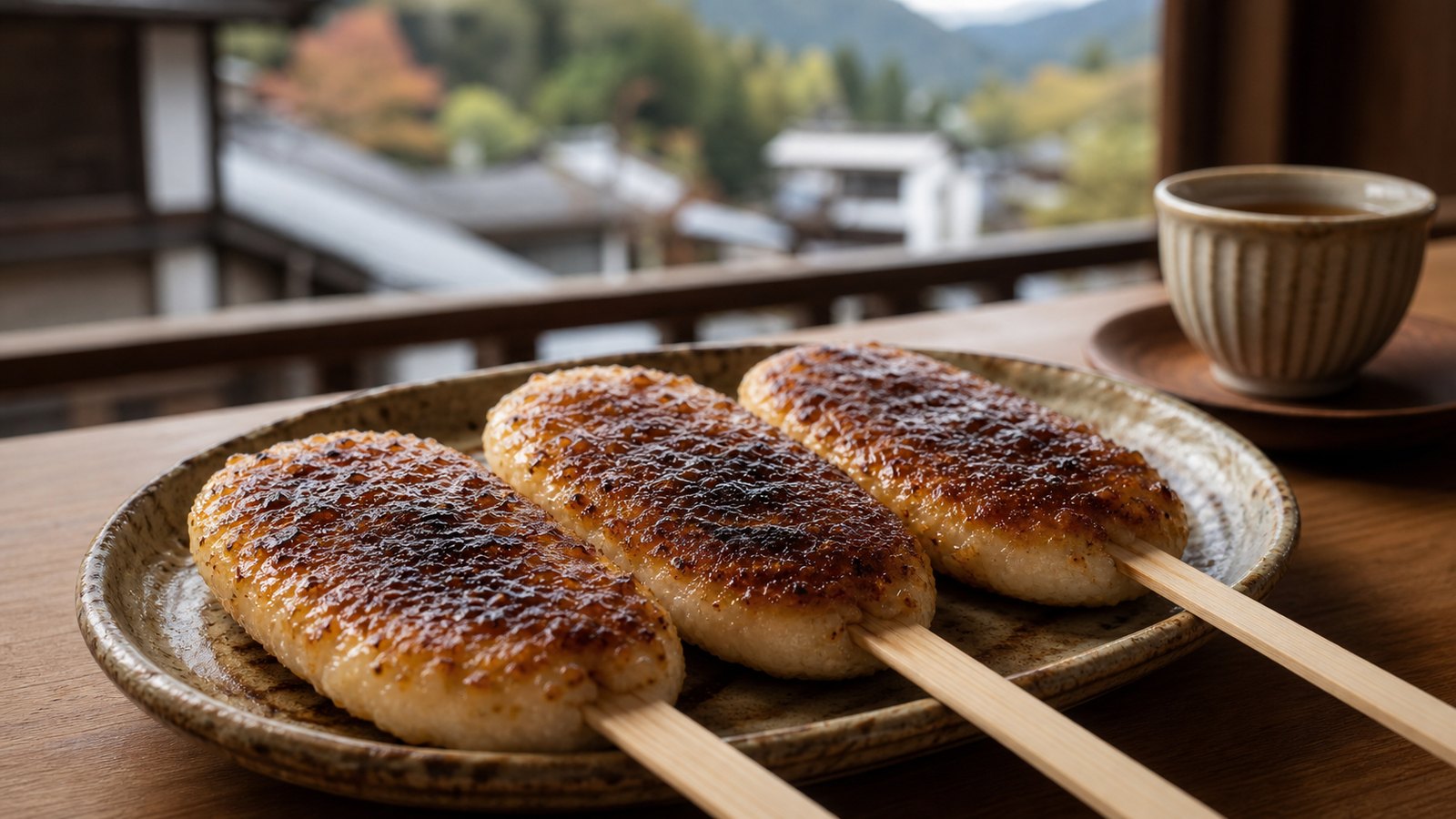 Hida-style gohei mochi on flat wooden skewers with walnut-miso glaze