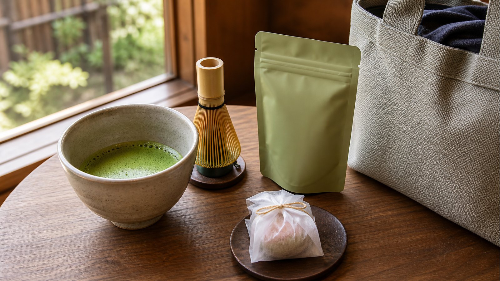 Matcha bowl, bamboo whisk, wagashi, plain tea packet, and travel tote