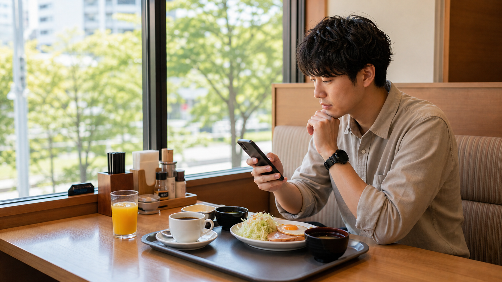 Calm morning family restaurant scene with traveler planning route on phone beside coffee and breakfast tray