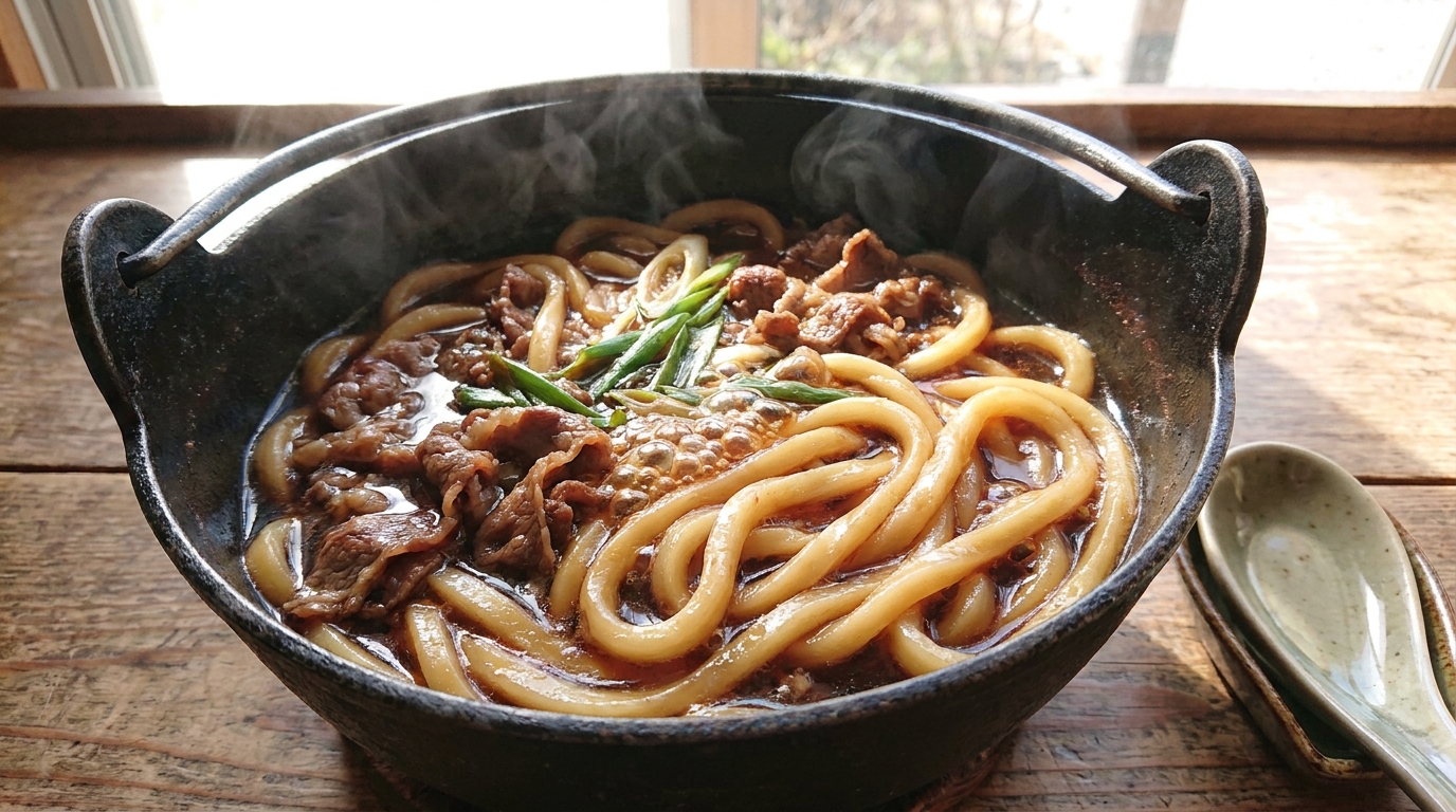 Udon noodles finishing in leftover sukiyaki sauce