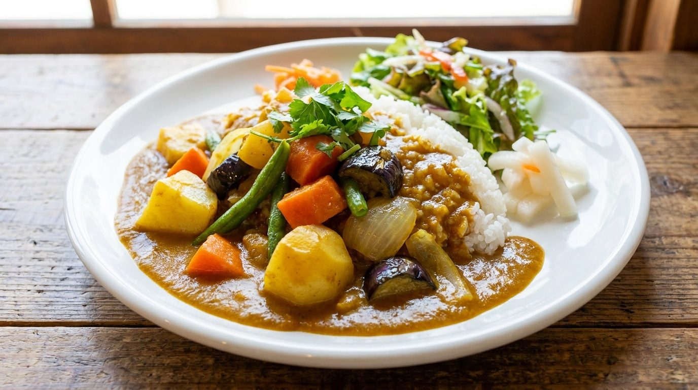 Vegetarian Japanese curry topped with vegetables